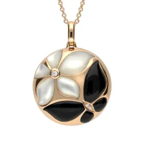 18ct Rose Gold Whitby Jet And Diamond Round Two Flower Necklace