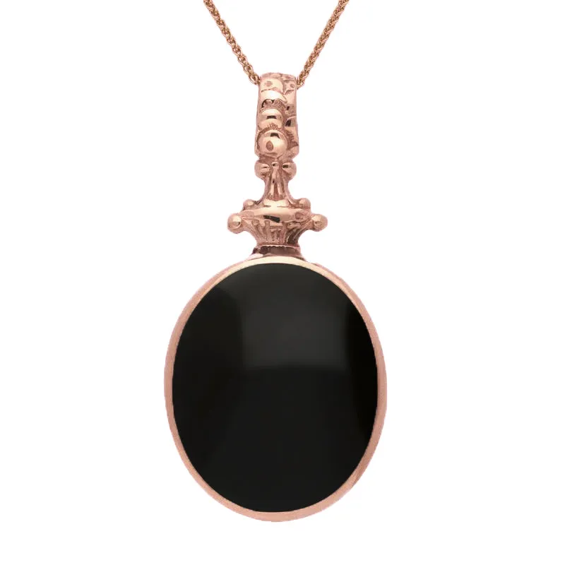 18ct Rose Gold Whitby Jet White Mother Of Pearl Double Sided Oval Fob Necklace