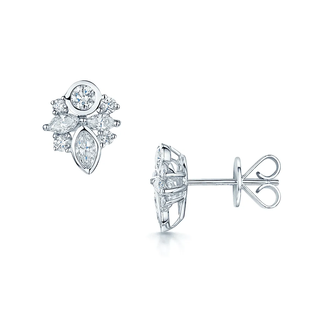 18ct White Gold Marquise And Brilliant Cut Diamond Rub-Over Cluster Earrings