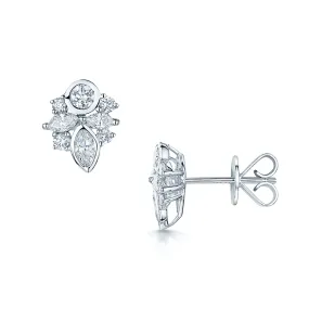 18ct White Gold Marquise And Brilliant Cut Diamond Rub-Over Cluster Earrings