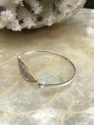 925 Sterling Silver 2 Tone Leaf Design Bangle Bracelet Vintage