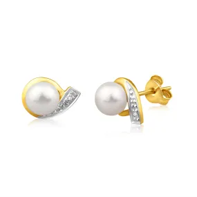 9ct Dazzling Yellow Gold Diamond   Freshwater Pearl Stud Earrings