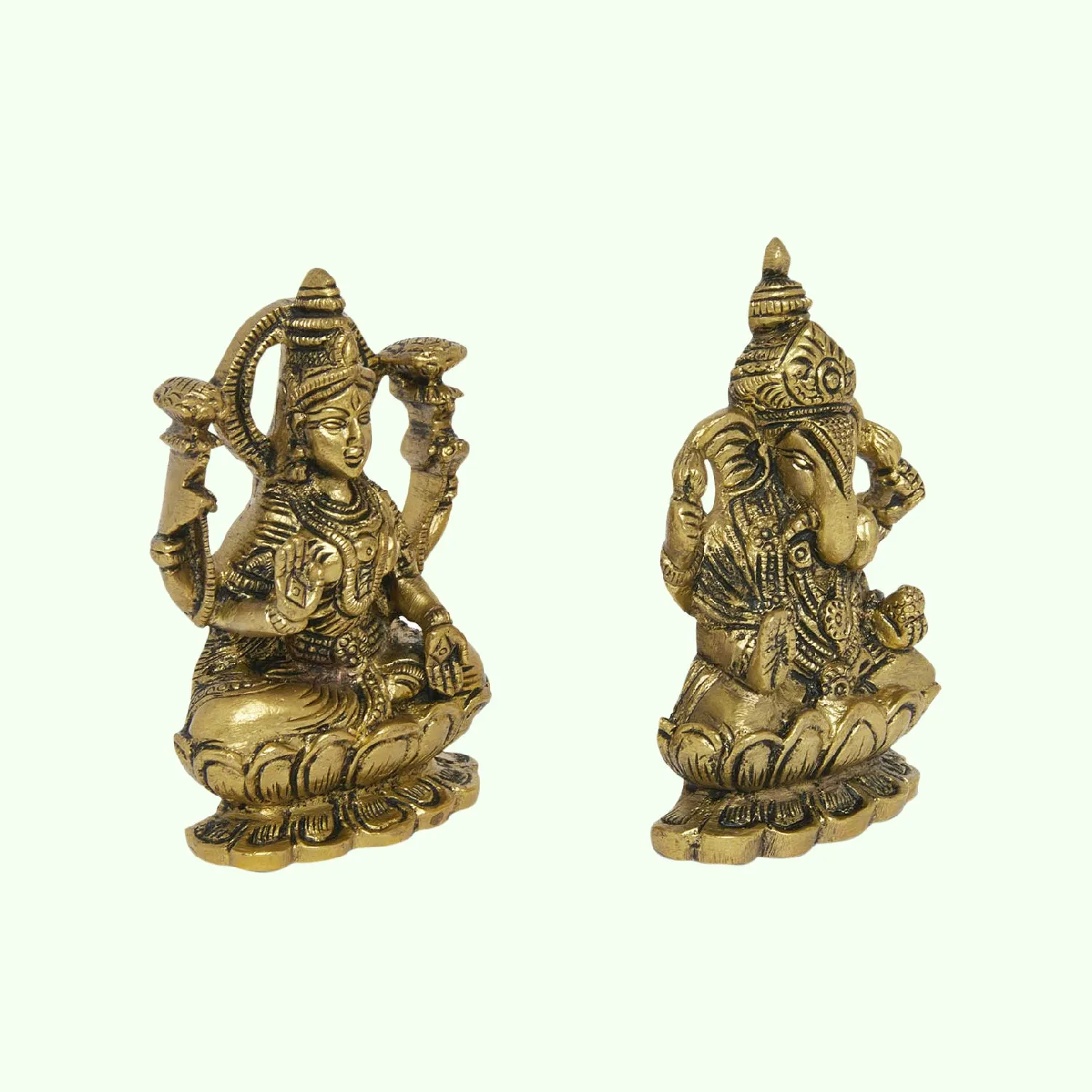 Brass Ganesha and Laxmi Pair on Lotus 3.5 in