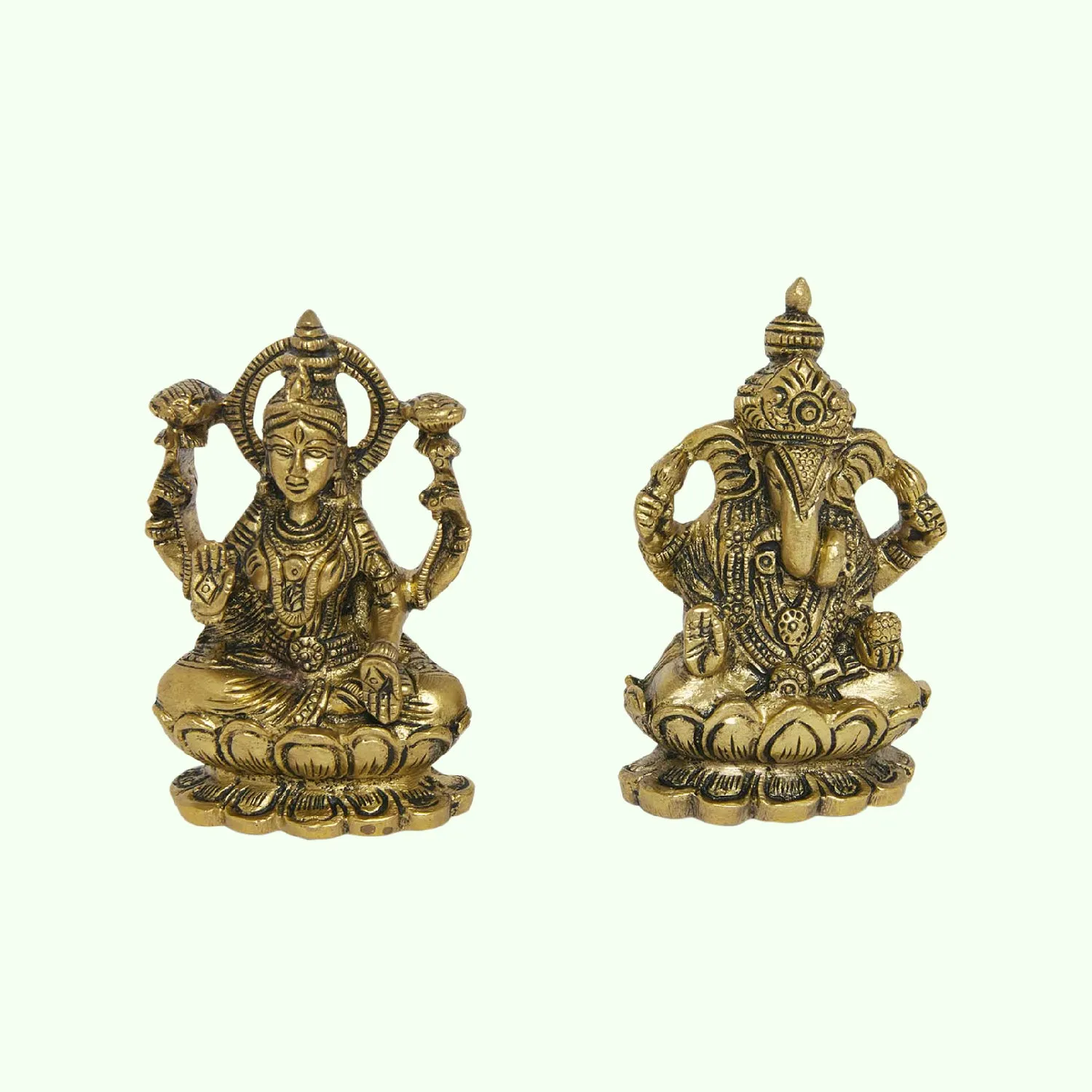 Brass Ganesha and Laxmi Pair on Lotus 3.5 in