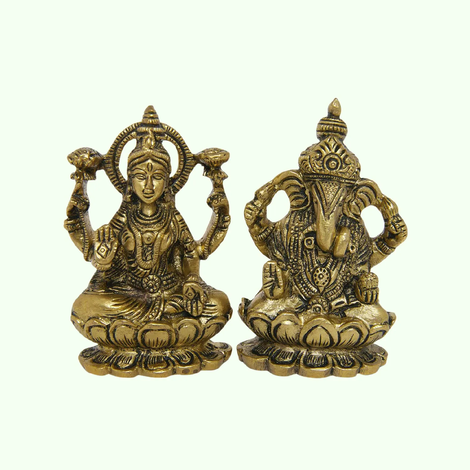 Brass Ganesha and Laxmi Pair on Lotus 3.5 in