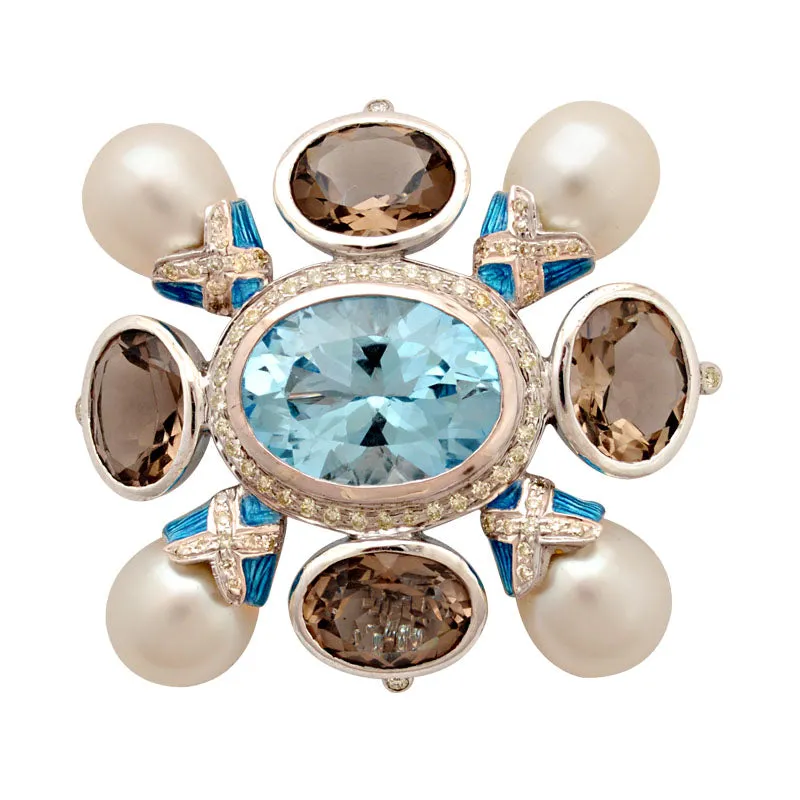 Brooch-Blue Topaz, Smokey Quartz, South Sea Pearl and Diamond (Enamel)