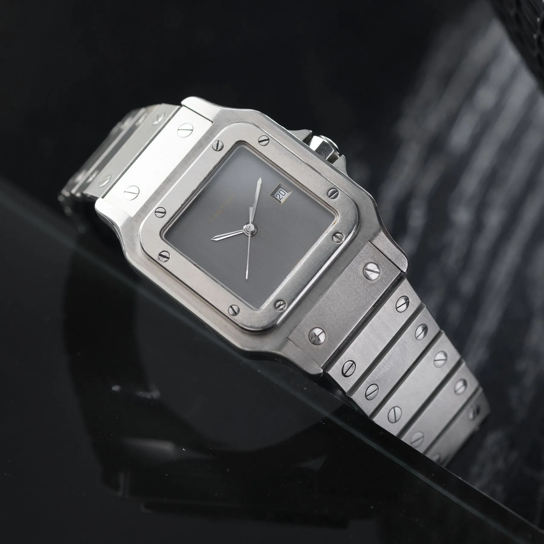 Rare Cartier Santos 2960 Steel Watch with Elegant Grey Dial – Complete Set