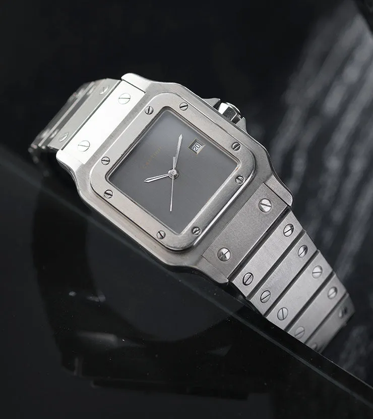 Rare Cartier Santos 2960 Steel Watch with Elegant Grey Dial – Complete Set