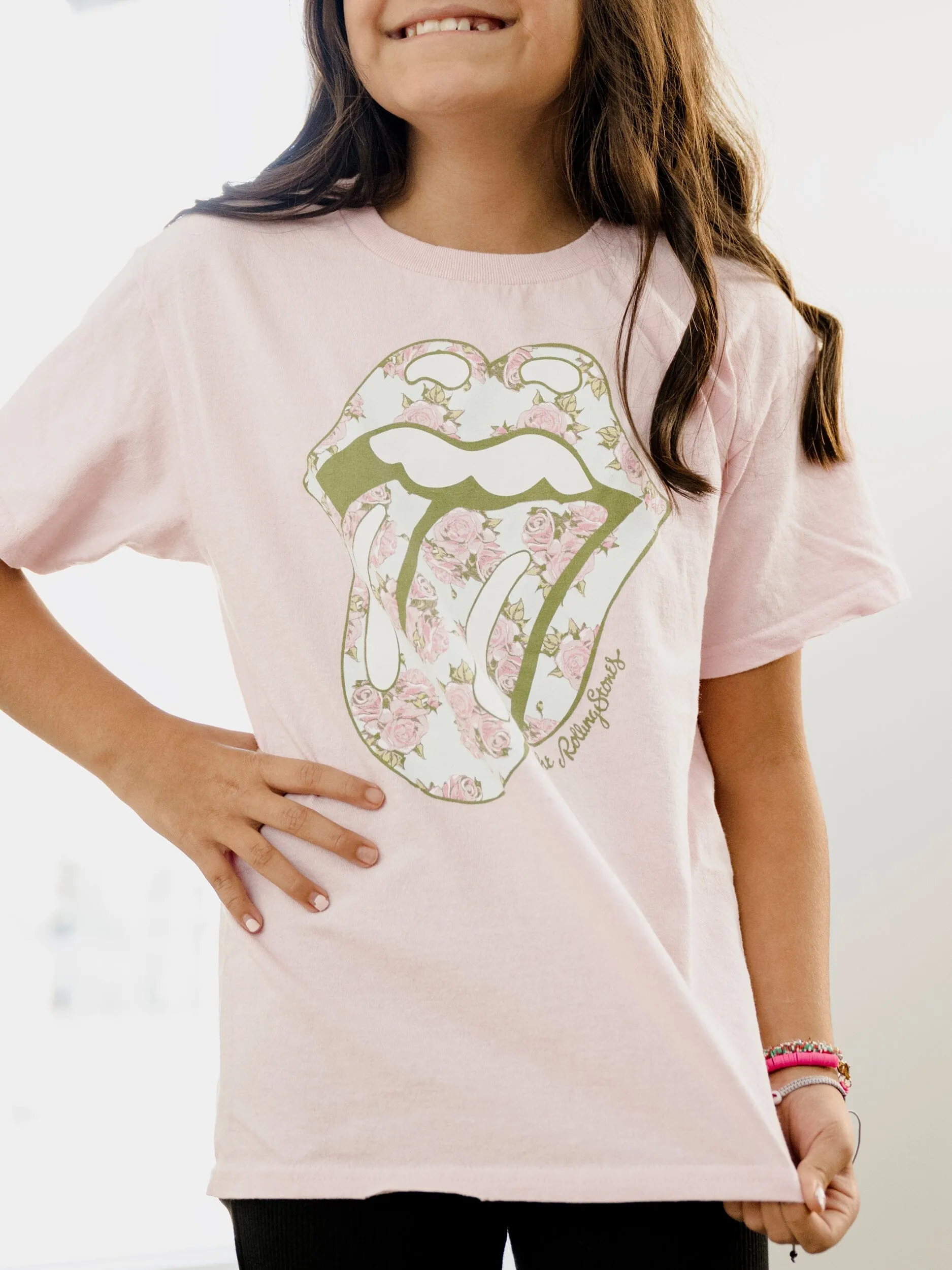 Children's Rolling Stones Floral Lick Pink Thrifted Tee