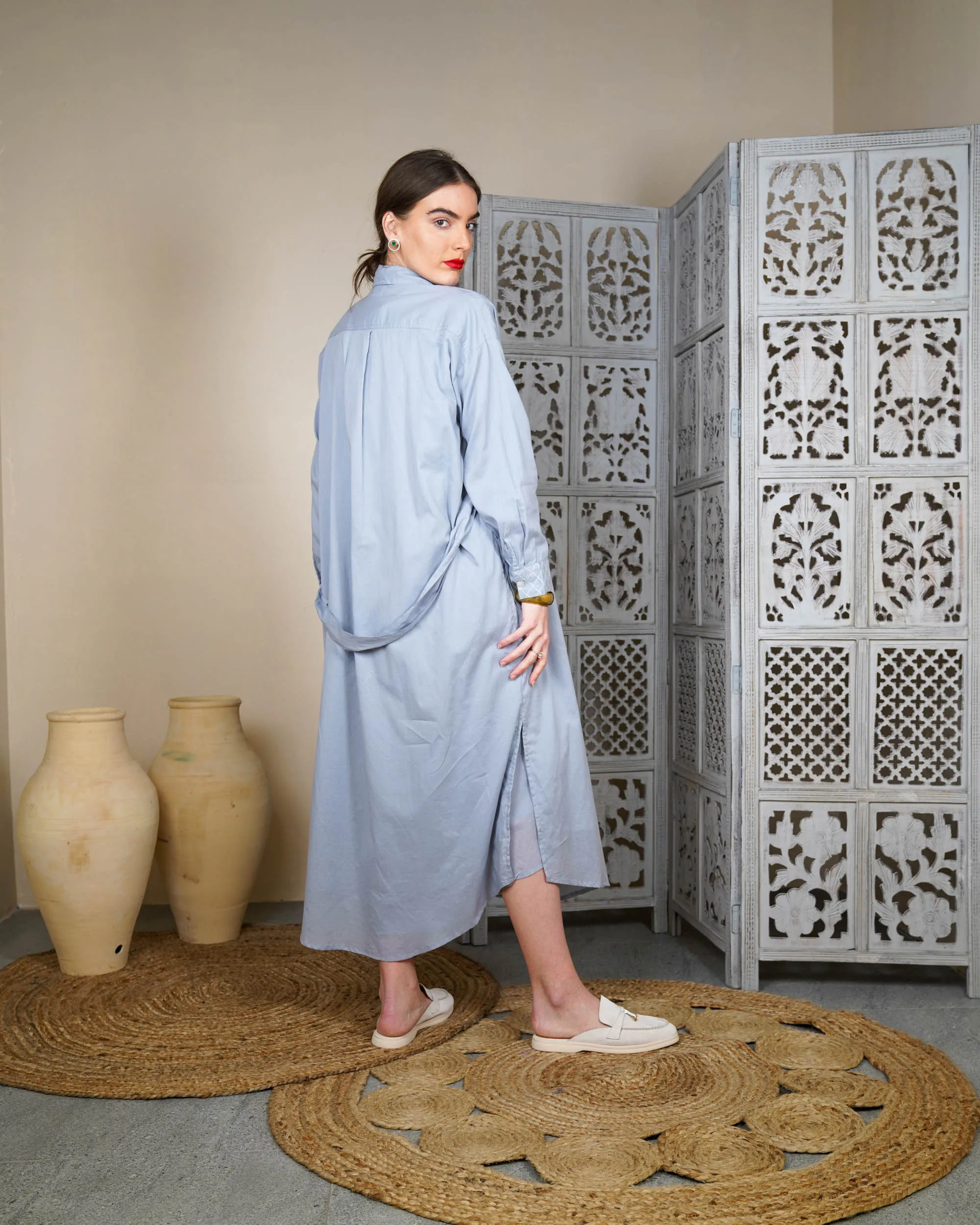 Collar Style with embroidered pocket and waist belted long sleeves with cuff embroidered cotton kaftan 3003 - قفطان