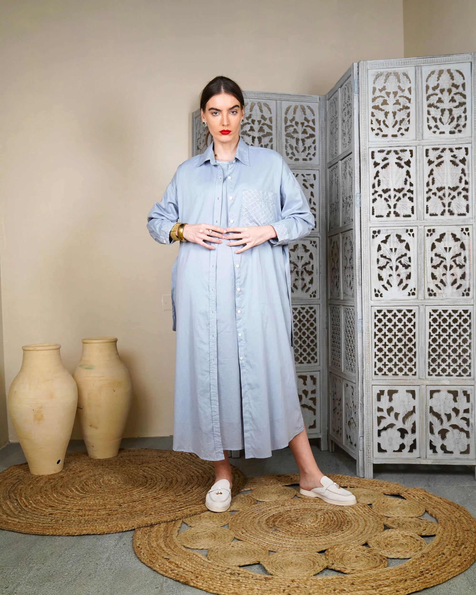 Collar Style with embroidered pocket and waist belted long sleeves with cuff embroidered cotton kaftan 3003 - قفطان