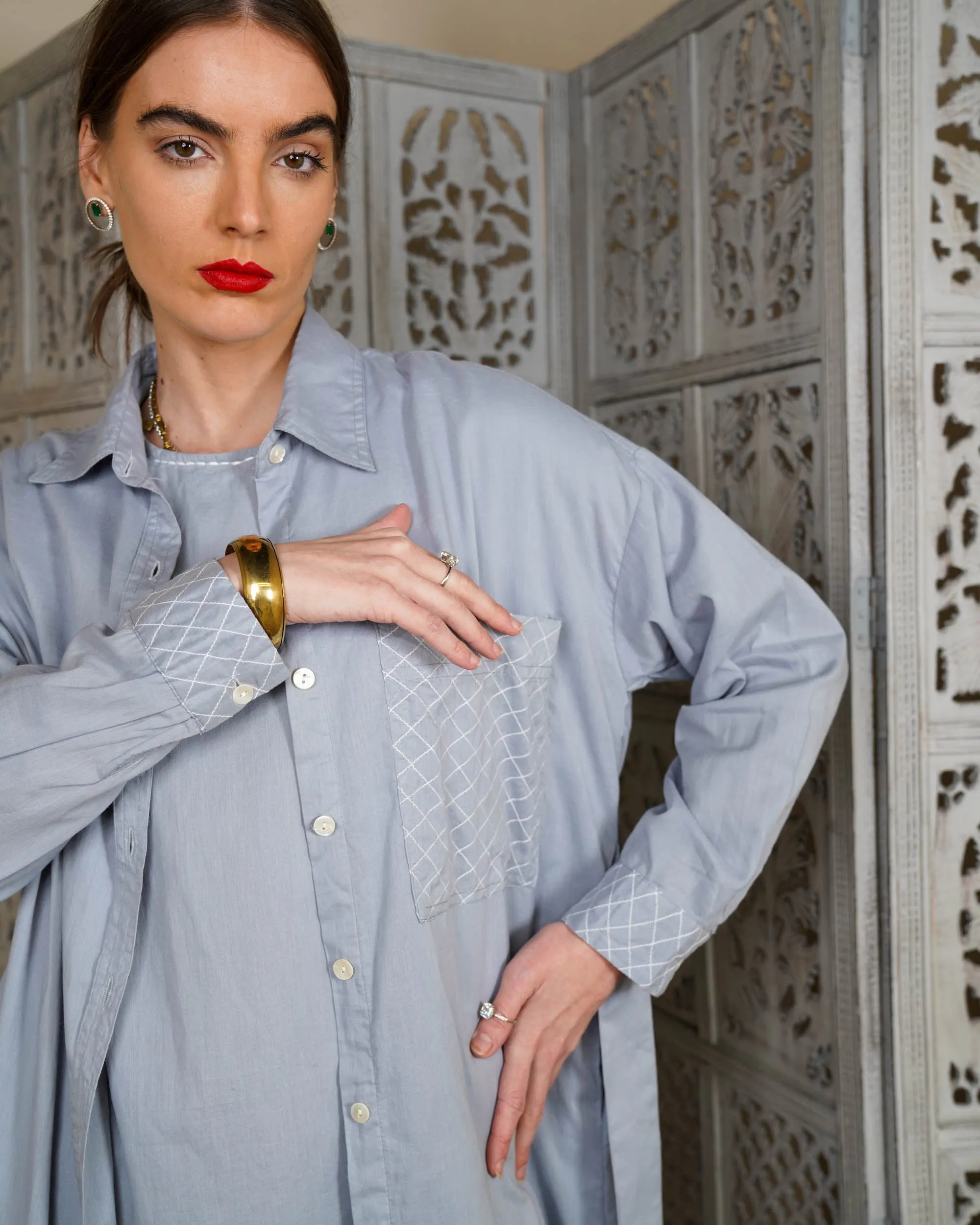 Collar Style with embroidered pocket and waist belted long sleeves with cuff embroidered cotton kaftan 3003 - قفطان