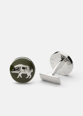 Cufflinks | The Hunter | Silver & Green | The Wild Boar