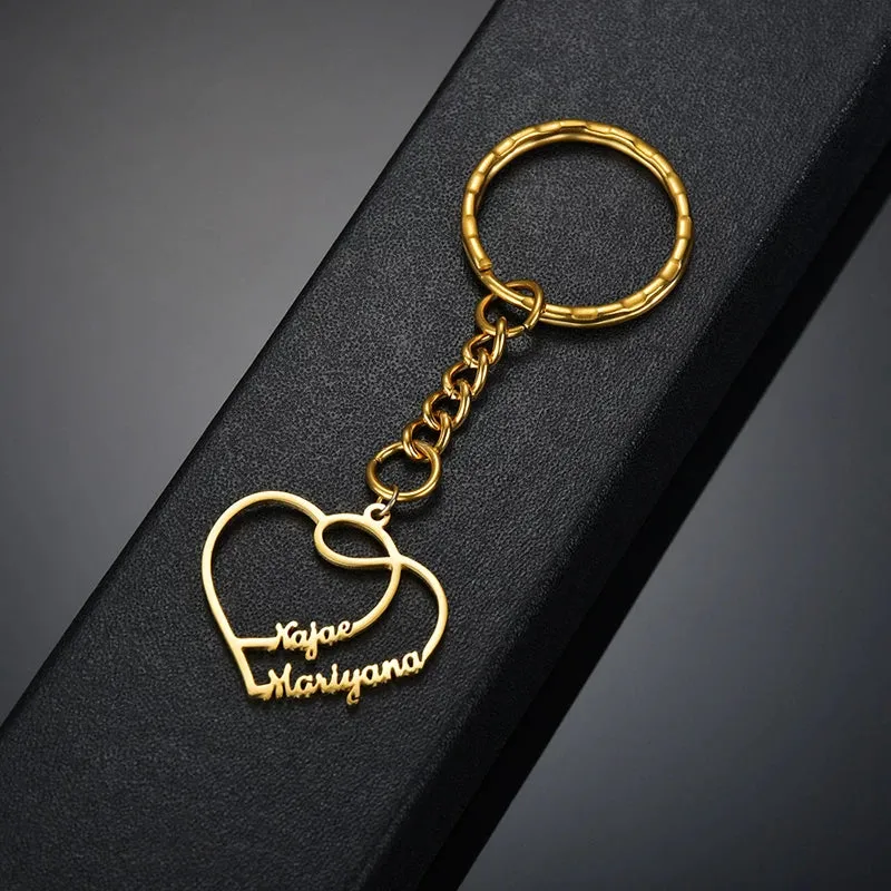 Double Heart Couple Name Keychain