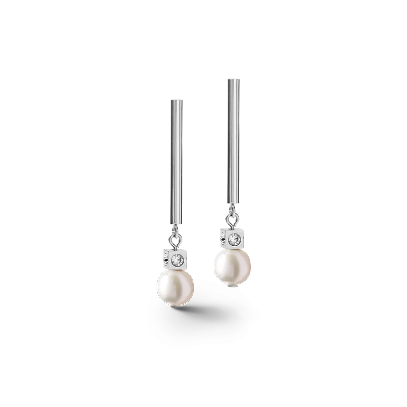 Earrings Asymmetry freshwater pearls & stainless steel white-silver