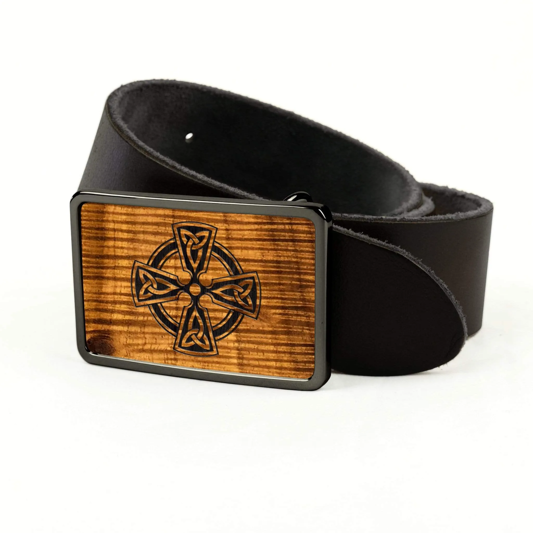 Hawaiian Koa & Celtic Cross Engraving Belt Buckle