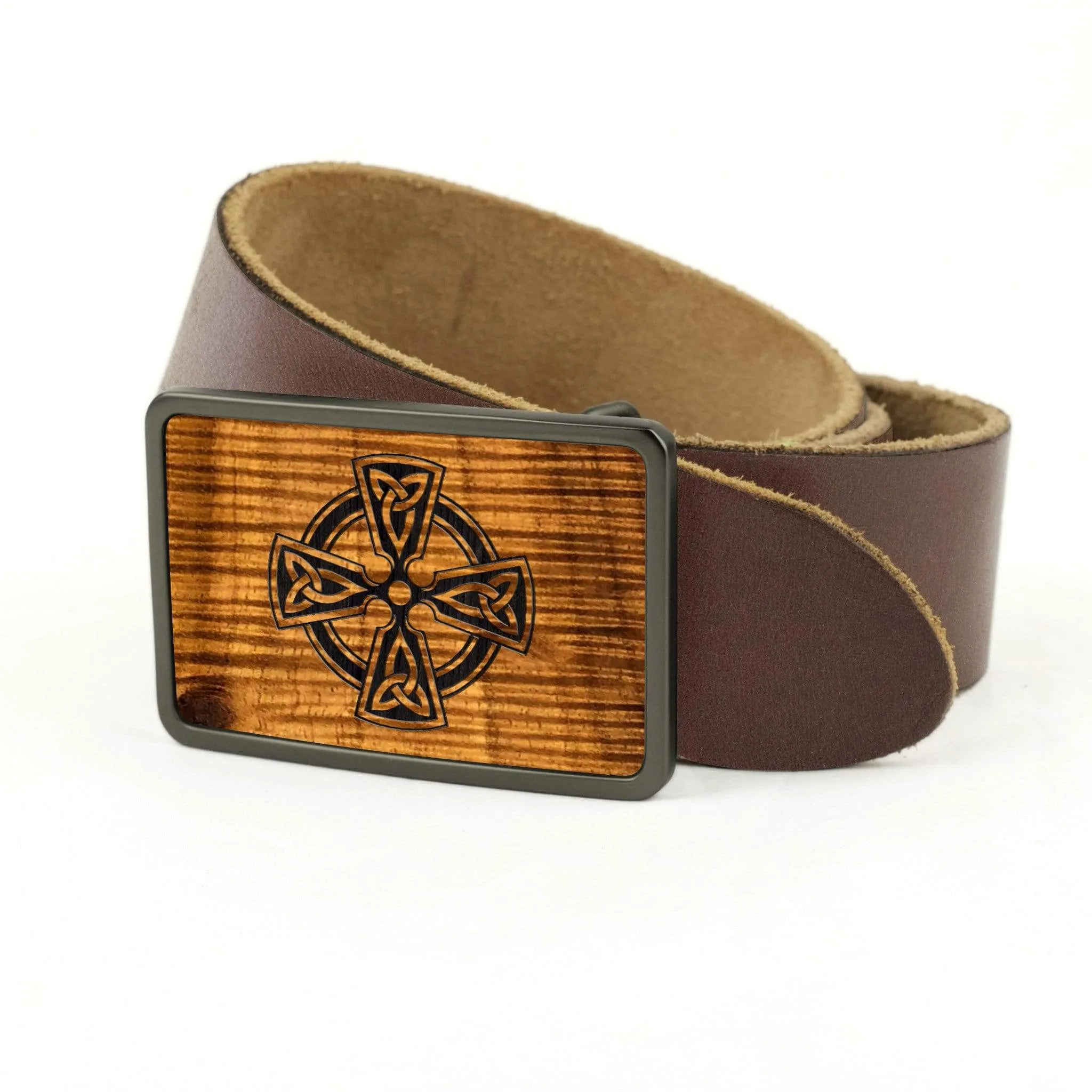 Hawaiian Koa & Celtic Cross Engraving Belt Buckle