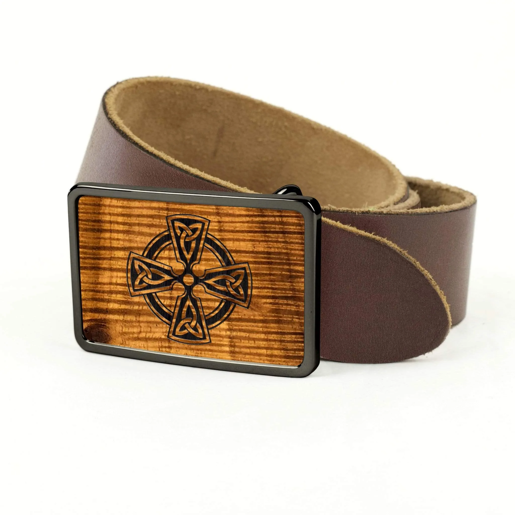 Hawaiian Koa & Celtic Cross Engraving Belt Buckle