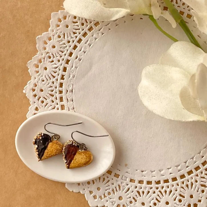 Heart Shaped Chocolate Dipped Cookie Miniature Food Earrings