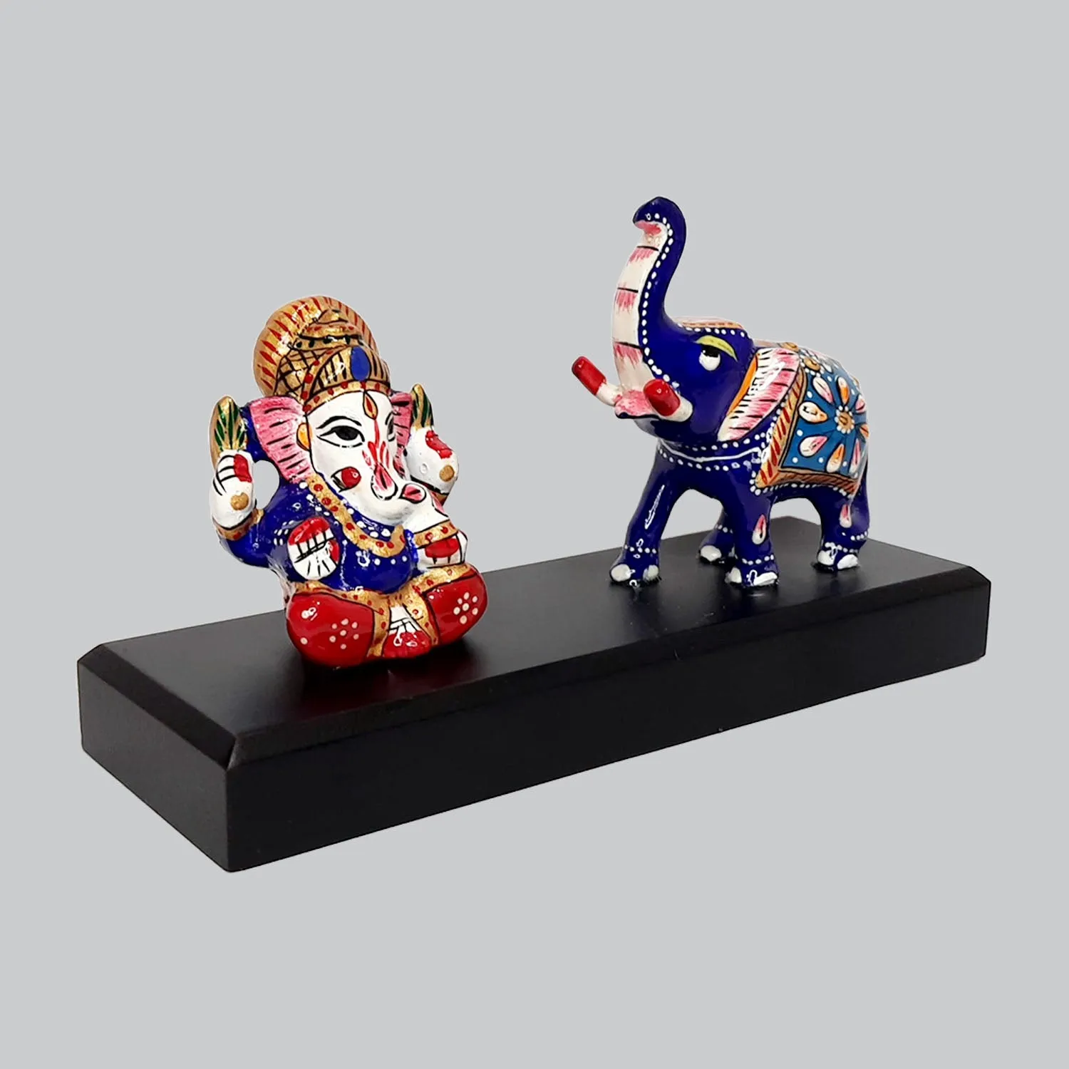 Metal Enamel Ganesha and Elephant on Wooden Base 6 in x 3.5 in