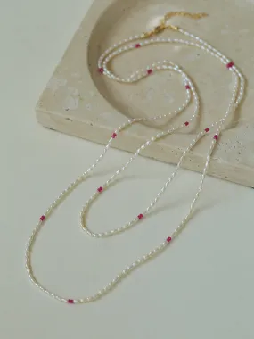 Mini Pearl and Ruby Long Beaded Necklace