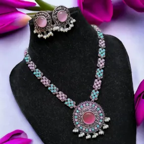 Niharika Silver Oxidized Necklace Set, Pink / Turquoise