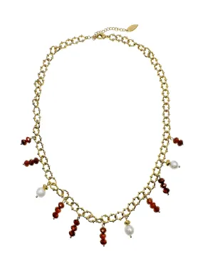 Orange Garnet & Freshwater Pearls Statement Chain Necklace KN034